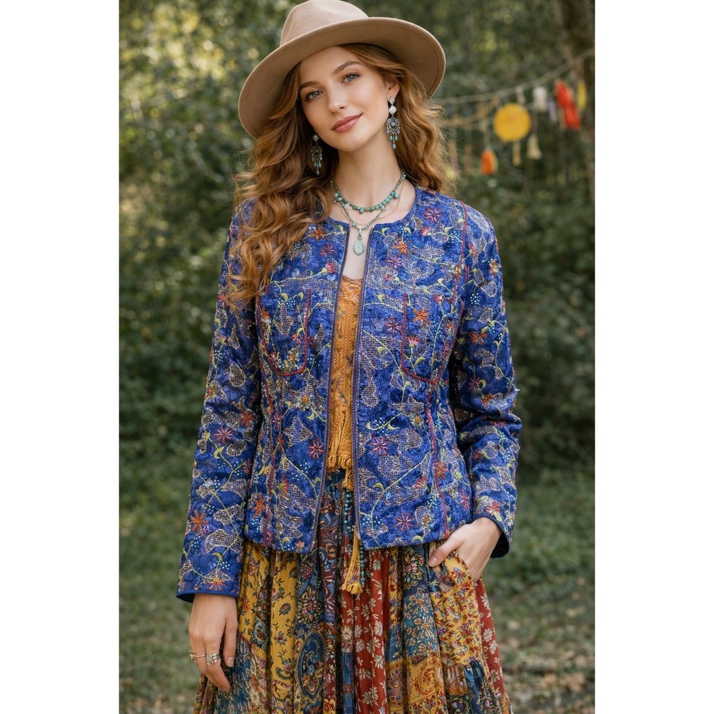 Boho Artsy Blue Floral Embroidered Geometric‎ Sandy Starkman M Jacket Zippered
